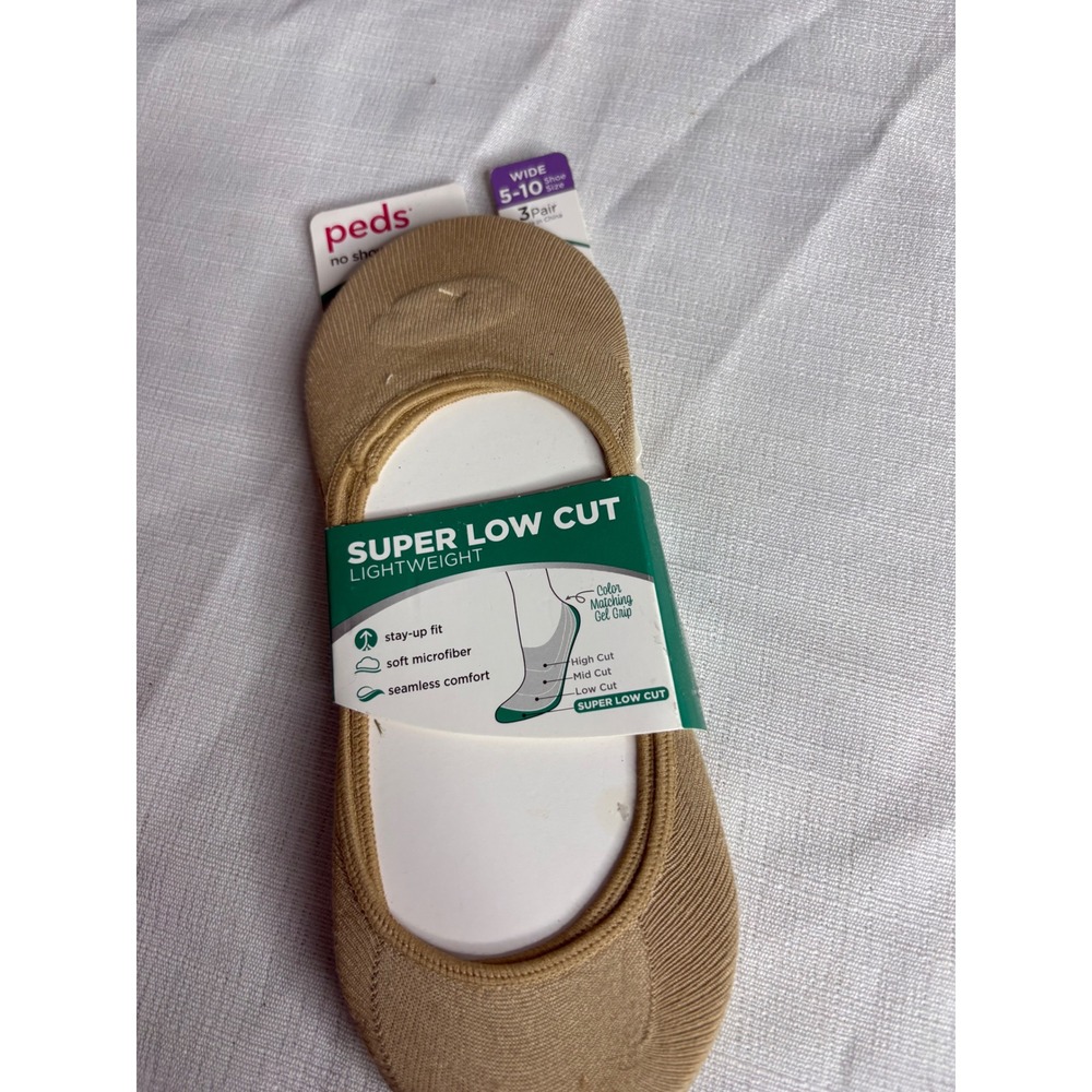 Peds Womens Super Low Cut Lightweight Liner Socks 3 Pair Nude Wide Size 5-10